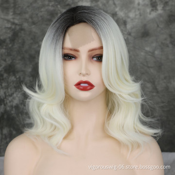 Lace Frontal Wholesale Cheap Women Wig Heat Resistant Fiber Short Wavy Root Black Ombre Gold Color Bob Synthetic Hair wigs